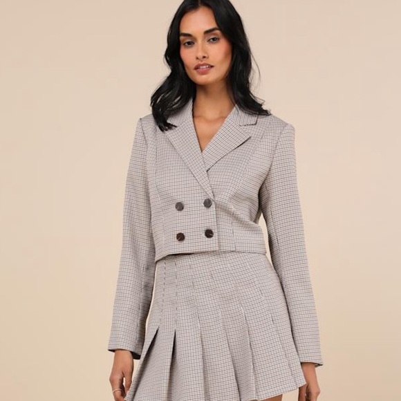 Lulus Convincingly Poised Brown Plaid Double-Breasted Cropped Blazer Size M NWT - Picture 8 of 8